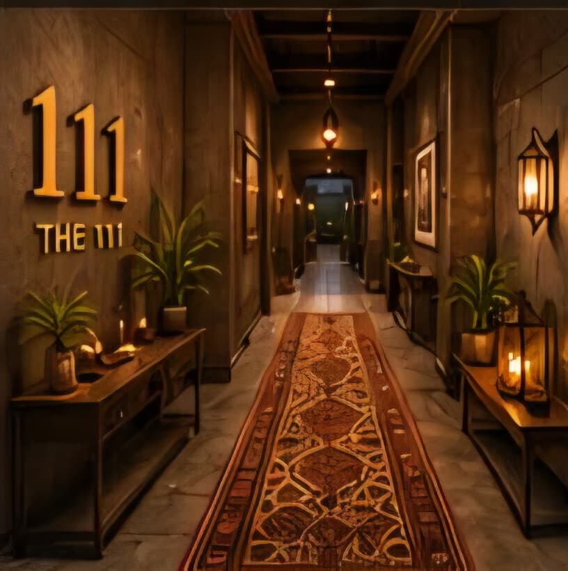 Design rendering of the entrance corridor, the number 111 in brass on the wall beside the words THE 111.