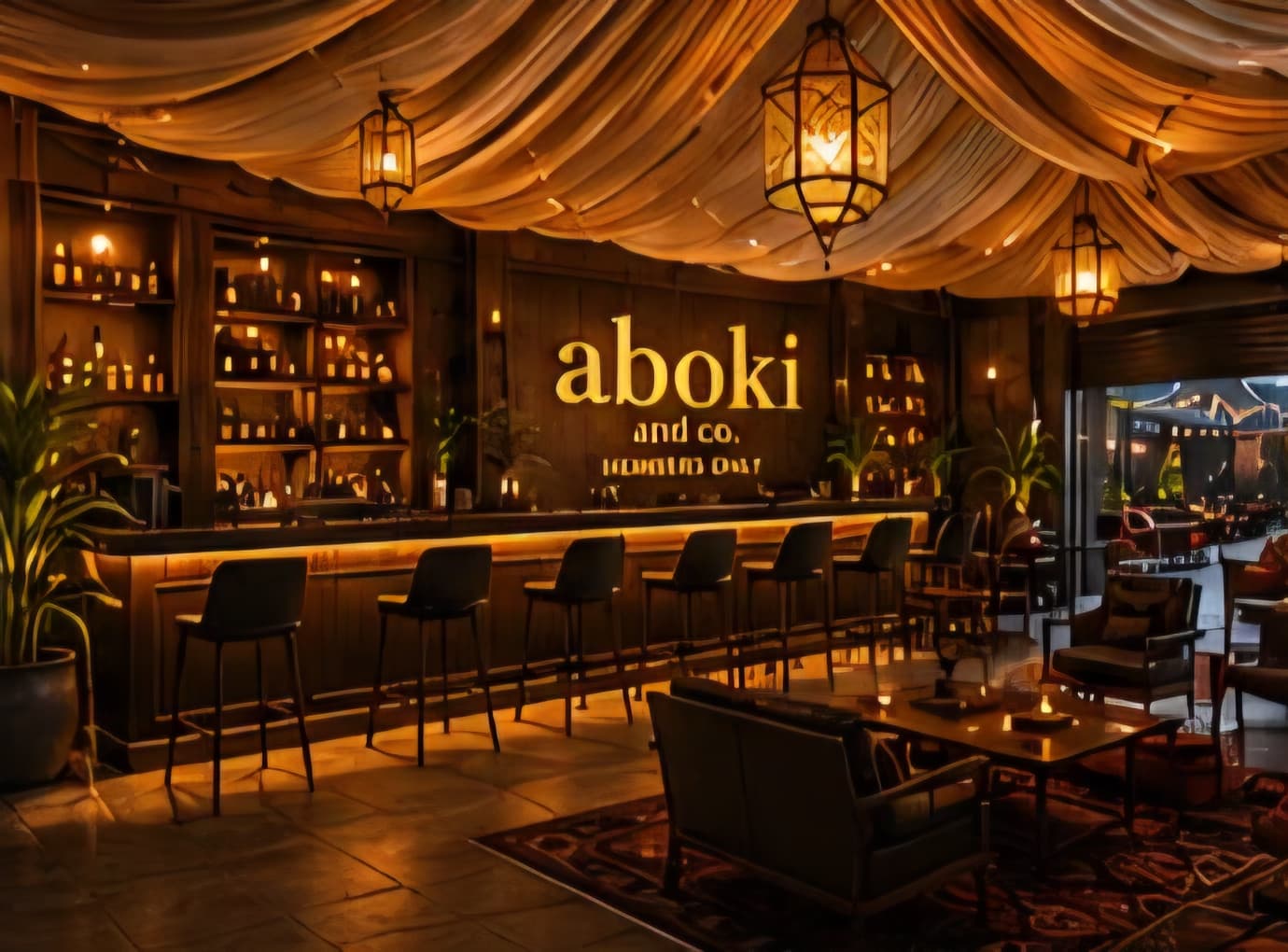 Design rendering of the bar: a long counter under a draped fabric ceiling, lantern light, and the aboki and co. mark in brass on the back wall.