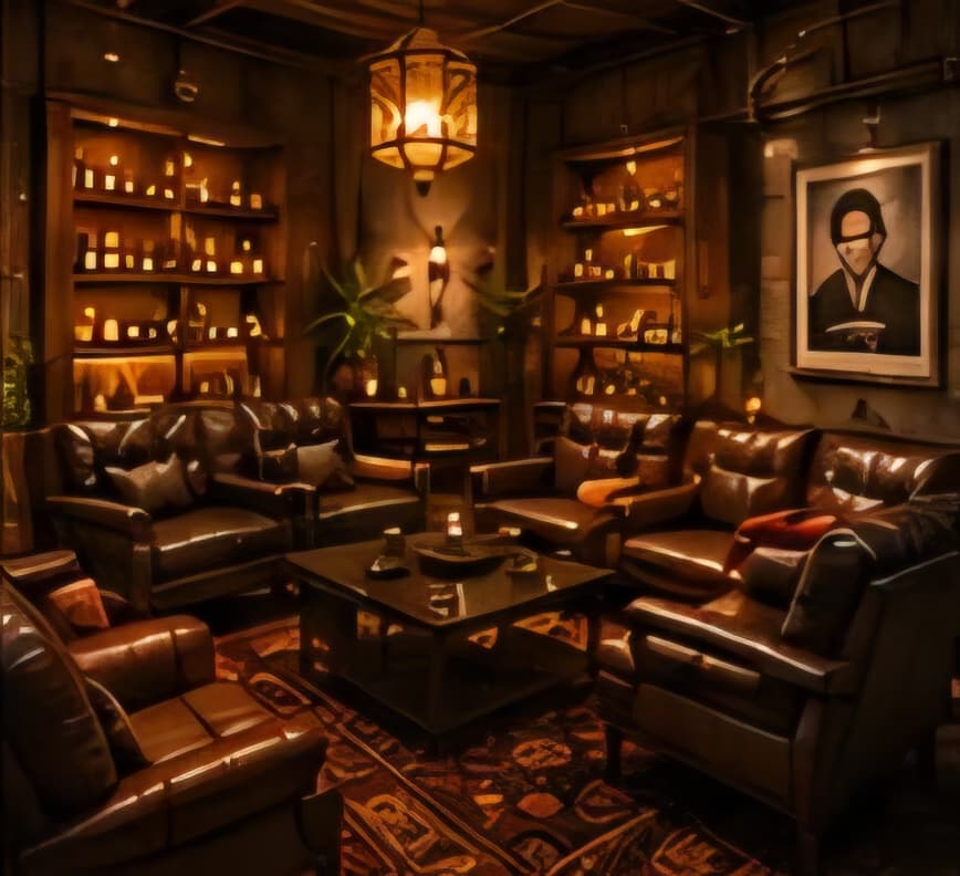 Design rendering of a private room: leather seating around a low table, shelves of members’ bottles lit from behind.